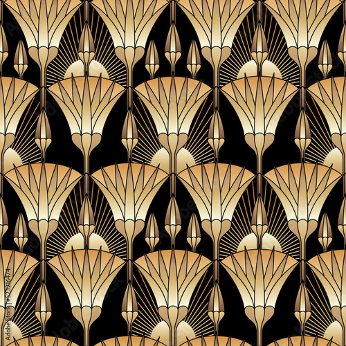 Golden Egyptian Lotus Art Deco Seamless Pattern