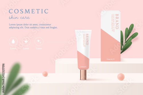Cosmetics and skin care product ads template on pink background with leaves.