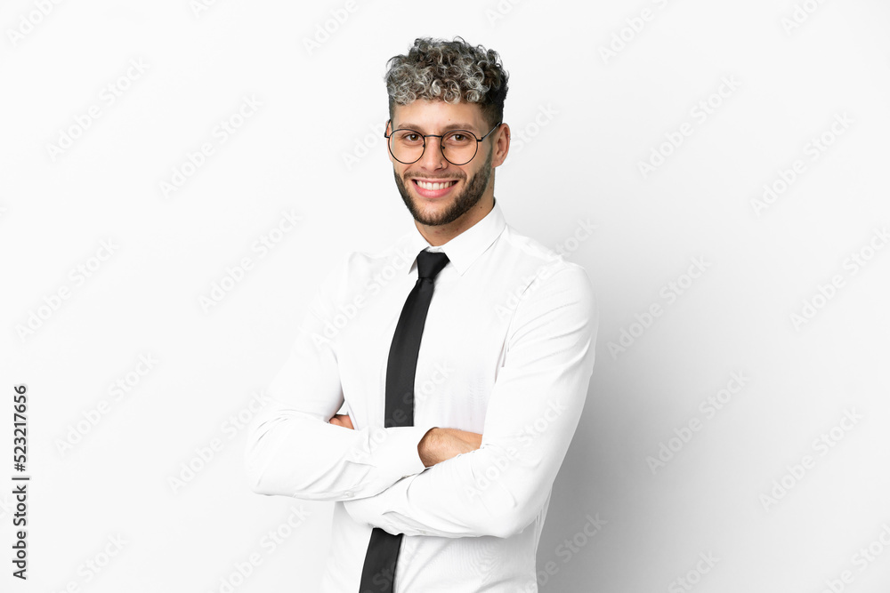 Business caucasian man isolated on white background with arms crossed and looking forward Business caucasian man isolated on white background with arms crossed and looking forward