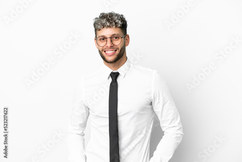 Business caucasian man isolated on white background laughing