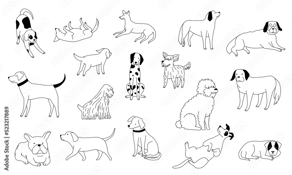 Cute doodle dog. Line black and white funny puppies, hand drawn pencil illustration, cartoon smiley pets walking sitting and playing. Vector set