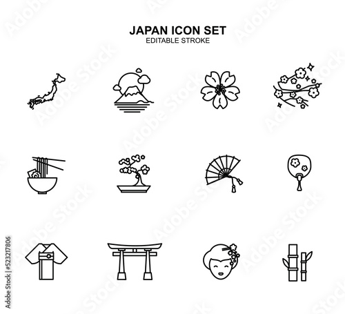 Japan vector icon set. Editable stroke. Japanese culture illustration. Map, Fuji mountain, sakura flower and brunches, food, bonsai, fan, kimono, gates, geischa and bamboo