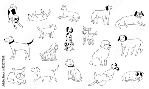 Cute doodle dog. Line black and white funny puppies, hand drawn pencil illustration, cartoon smiley pets walking sitting and playing. Vector set