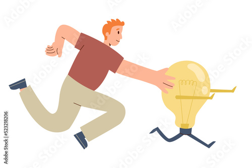 A man runs and catches a fleeing light bulb as symbol of  search for business idea. Creative ideas generation concept. Concept of insight. Flat vector illustration.