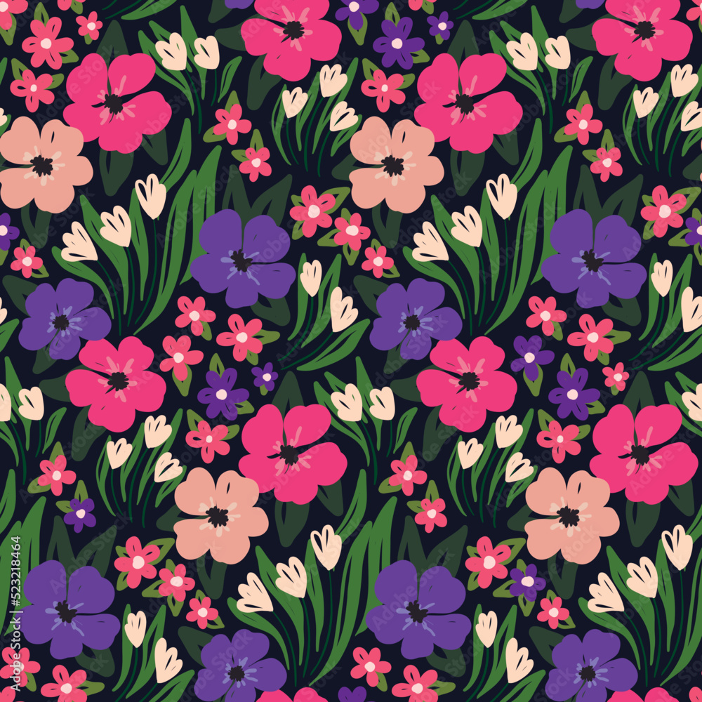 Seamless floral pattern, summer ditsy print with blooming meadow. Colorful botanical background design with small hand drawn flowers, leaves, grass on a green field. Vector illustration. Seamless floral pattern, summer ditsy print with blooming meadow. Colorful botanical background design with small hand drawn flowers, leaves, grass on a green field. Vector illustration.