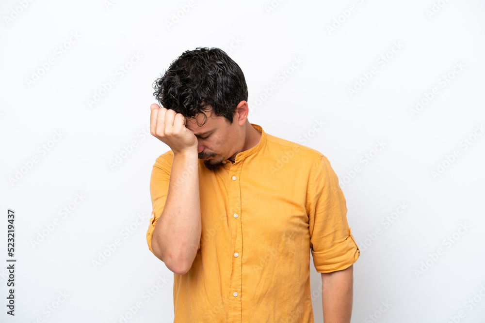 Young man with moustache isolated on white background with headache Young man with moustache isolated on white background with headache