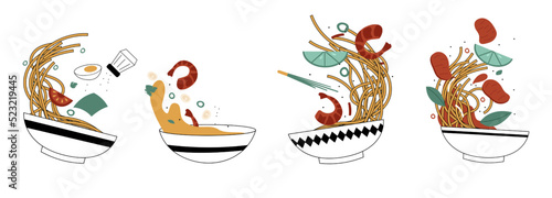 Asian food bowls. Doodle falling noodles sea food slices and sauces in bawls, Chinese Japanese and Korean traditional cuisine. Vector illustration for restaurants