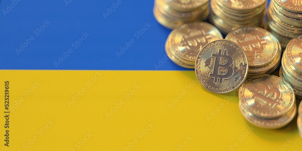 Pile of bitcoins and flag of Ukraine. National cryptocurrency regulations conceptual 3d rendering