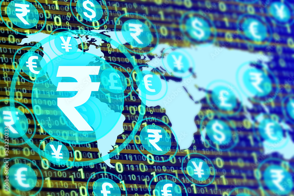 Fototapeta premium digital rupee icon isolated on other currency, world map and numbers.