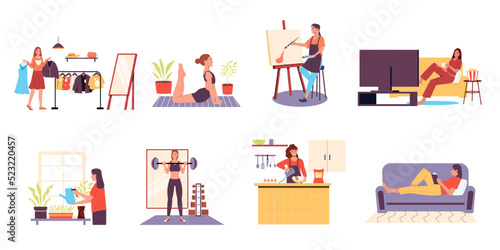 Woman hobby. Cartoon scenes with female character relaxing, gardening plants, reading book, cooking on kitchen, watching movie. Vector set