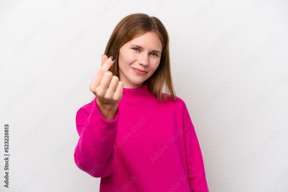 Young English woman isolated on white background making money gesture Young English woman isolated on white background making money gesture