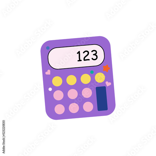 Cute purple calculator with hearts, stars stickers, math device. Math Tool. Children's cute stationery subjects. Back to school, college, education, study. 