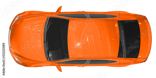 car isolated on white - orange paint, tinted glass - top view - 3d rendering