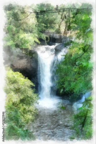 waterfall and forest landscape watercolor style illustration impressionist painting.