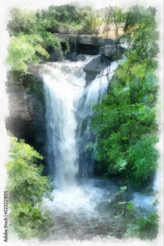 Obraz na płótnie waterfall and forest landscape watercolor style illustration impressionist painting. w salonie