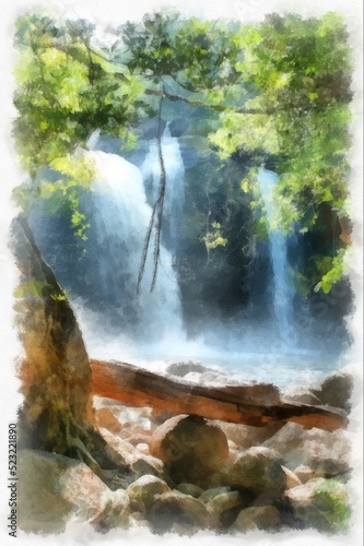 waterfall and forest landscape watercolor style illustration impressionist painting.