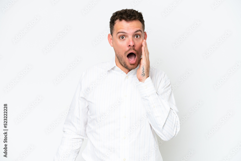 Young caucasian handsome man isolated on white background with surprise and shocked facial expression Young caucasian handsome man isolated on white background with surprise and shocked facial expression