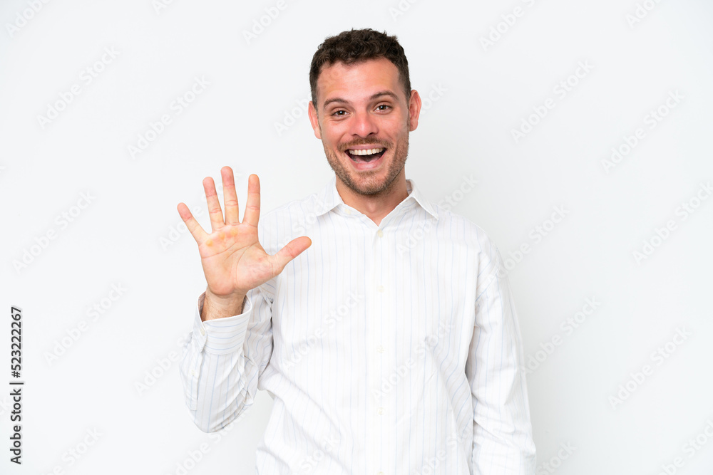 Young caucasian handsome man isolated on white background counting five with fingers Young caucasian handsome man isolated on white background counting five with fingers