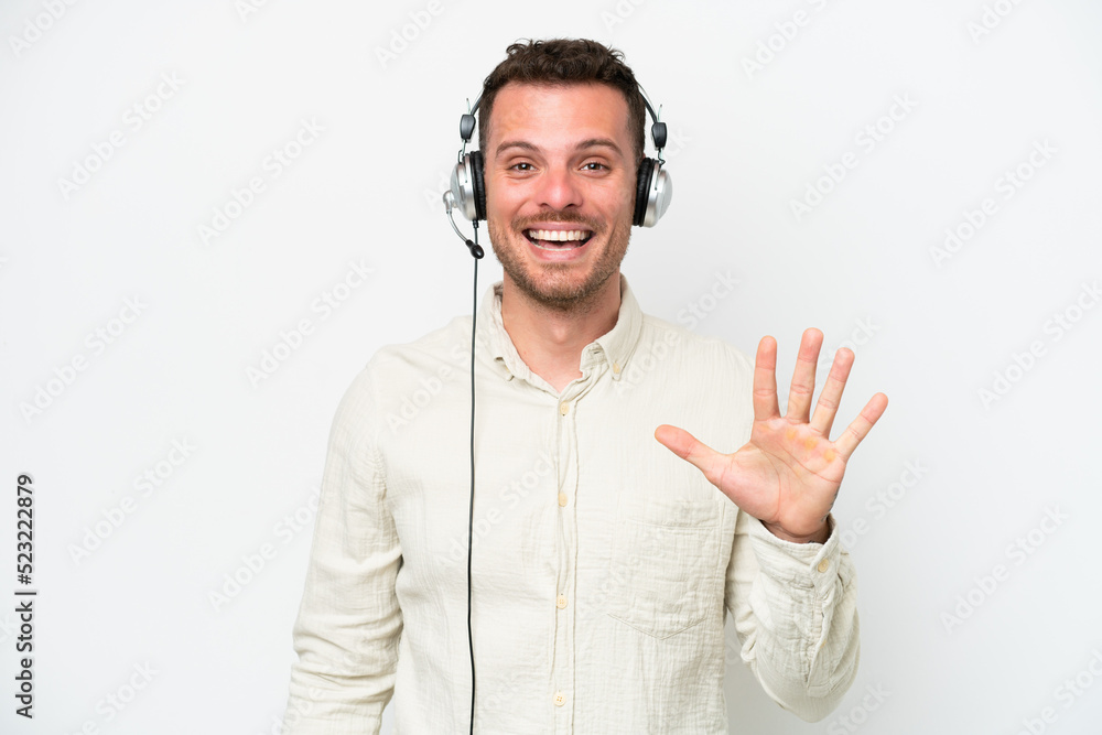 Telemarketer caucasian man working with a headset isolated on white background counting five with fingers Telemarketer caucasian man working with a headset isolated on white background counting five with fingers