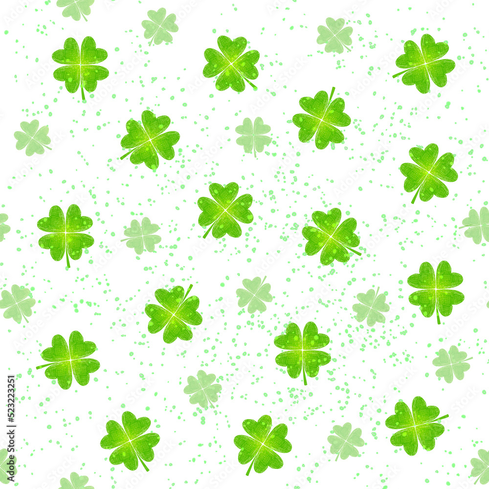 Fototapeta premium Hand paint watercolor of green clover leaf flower with color drop and paper texture isolated on white background for seamless pattern background. illustration basic of green nature concept.