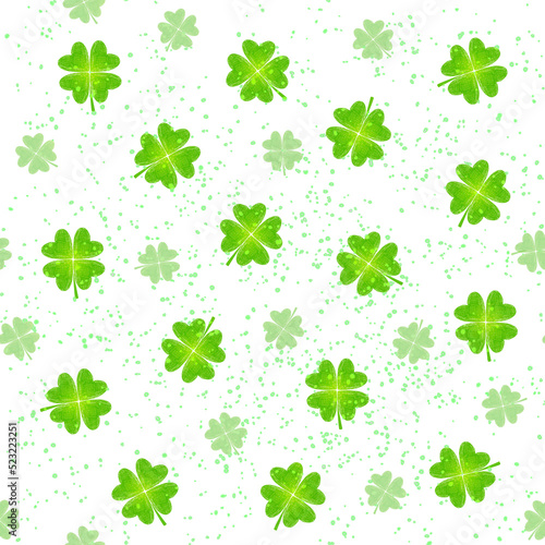 Hand paint watercolor of green clover leaf flower with color drop and paper texture isolated on white background for seamless pattern background. illustration basic of green nature concept.