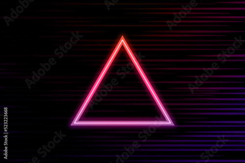 Glowing blue and pink neon lighting frame triangle with color line on black background.