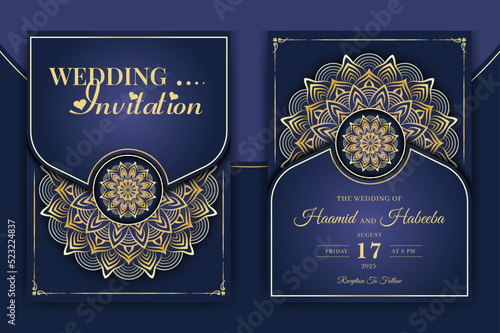 Luxury Mandala Wedding Invitation Card template with golden arabesque pattern Arabic Islamic east background style. Editable vector file. Decorative mandala for print, poster, cover, flyer, banner