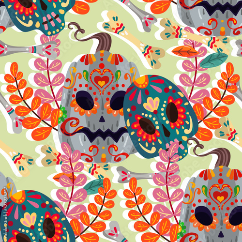 Vector illustration. Die de los muertos. The day of the Dead, Mexican holiday, festival, light background, seamless pattern, handmade