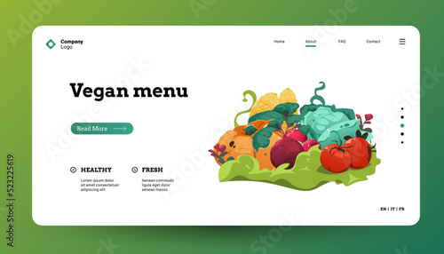 Vegetables landing page. Web page mockup with cartoon healthy nutrition grocery food, fresh greens vegetarian banner. Vector website template