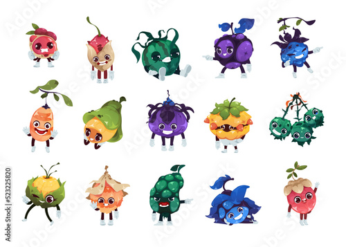 Fantasy fruits characters. Cartoon magic colorful berries with funny faces, 2D game sprite asset of fantastic plants. Vector isolated emoji icons