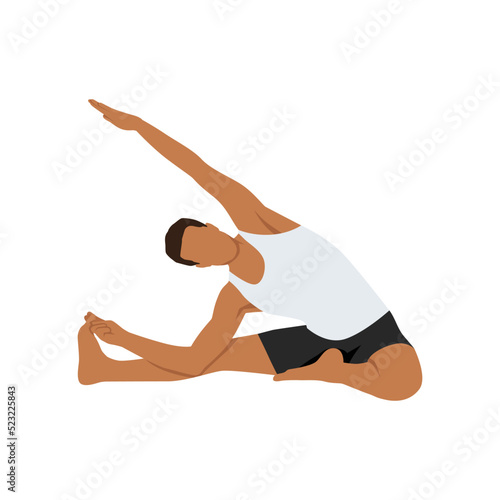 Man doing side seated wide angle pose parsva upavistha konasana exercise. Flat vector illustration isolated on white background