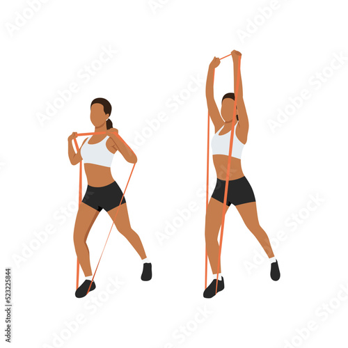 Woman doing overhead press with resistance band exercise. Flat vector illustration isolated on white background