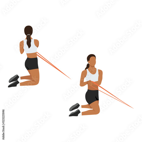 Woman doing core seatted ab twist with resistance band exercise. Flat vector illustration isolated on white background