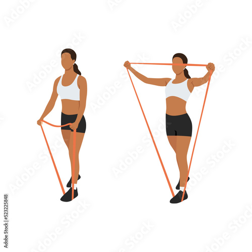 Woman doing lateral raises with resistance band exercise. Flat vector illustration isolated on white background