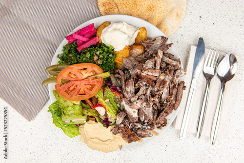 Meat Shawarma Doner on a plate, Meat Shawarma plate isolated on white background