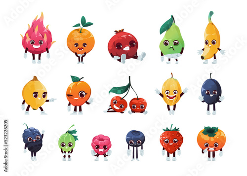 Cartoon fruit characters. Cheerful happy kid fruits with funny faces, smiling mascot persons with eyes hands and legs. Vector apple, apricot strawberry pineapple set