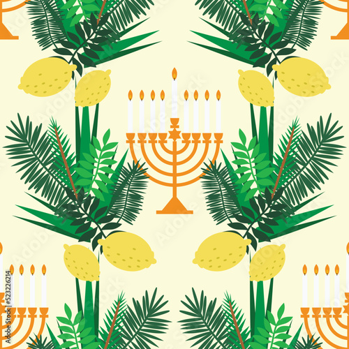Happy Sukkot seamless pattern template background . Jewish Feast of Tabernacles with sukkah, lemon, etrog, lulav, Arava, Hadas. Vector icon illustration