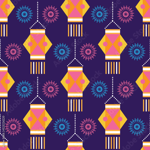 Traditional Indian festival Diwali seamless pattern Happy Festival of lights Deepavali Template for textile, paper, cover Festive Burning diya graphic background Vector abstract flat illustration

