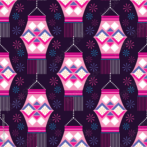 Traditional Indian festival Diwali seamless pattern Happy Festival of lights Deepavali Template for textile, paper, cover Festive Burning diya graphic background Vector abstract flat illustration

