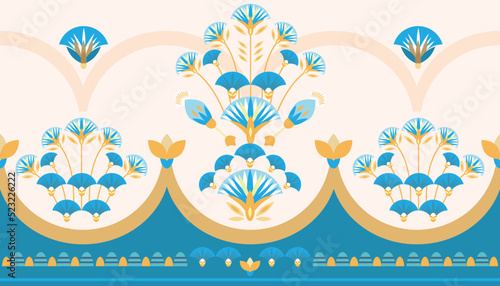 Seamless pattern vector illustration of the Egyptian ancient ornament with a lotus flower, leaves, papyrus, palm tree. Egyptian culture element For wallpaper, wrapping, paper, fabric, background
