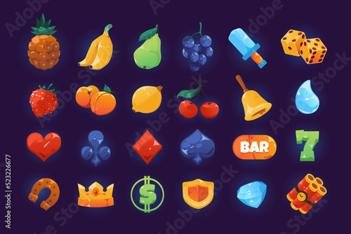 Slot icons. Cartoon shining casino symbols for slot machine and gambling, heart cherry bell crown fruits diamond bar and dollar colorful symbols. Vector isolated set