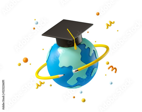 Minimal background for online education concept. Blue globe with graduation hat isolated on transparent background. 3d rendering illustration. PNG