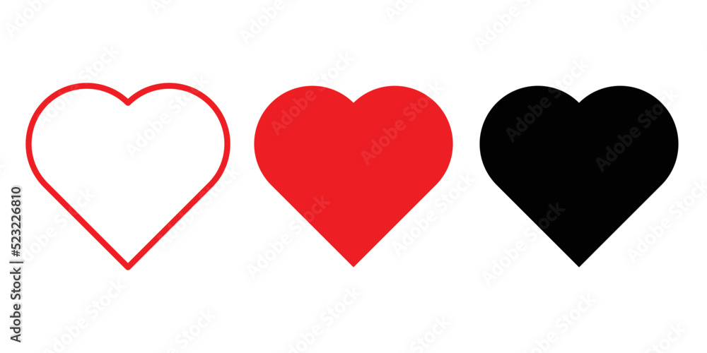 Collection of Heart icon, Symbol of Love Icon flat style modern design Isolated on white Background. Vector illustration. color editable. Three Heart illustration icons, outline, fill, red and black Collection of Heart icon, Symbol of Love Icon flat style modern design Isolated on white Background. Vector illustration. color editable. Three Heart illustration icons, outline, fill, red and black