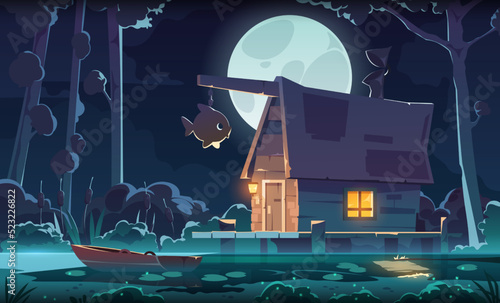 Night swamp fantasy background. Cartoon forest with wooden cabin standing on marsh, mystic swamp landscape with witch house. Vector game art illustration