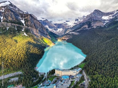 Lake Louise, Alberta Canada and Victoria glacier at sunrise against the Fairmont Chateau Lake Louise background
