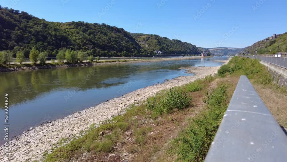 Drought in Germany. Low water of the Rhine in Kaub, Rhineland-Palatinate Drought in Germany. Low water of the Rhine in Kaub, Rhineland-Palatinate