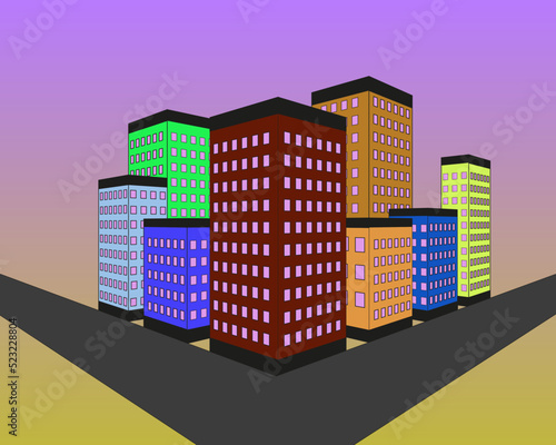 Cityscape graphic template. Modern city architecture. Vector illustration with different modern city buildings  office buildings  houses  entertainments. Template with place for text. Colour version