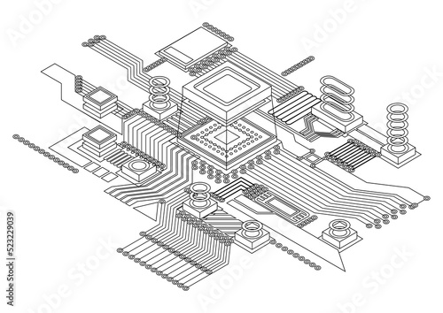 Electronic cpu digital chip monochrome. Abstract computer processor and electronic components on motherboard or circuit board. Eelectronic devices on microprocessor, hardware engineering. AI