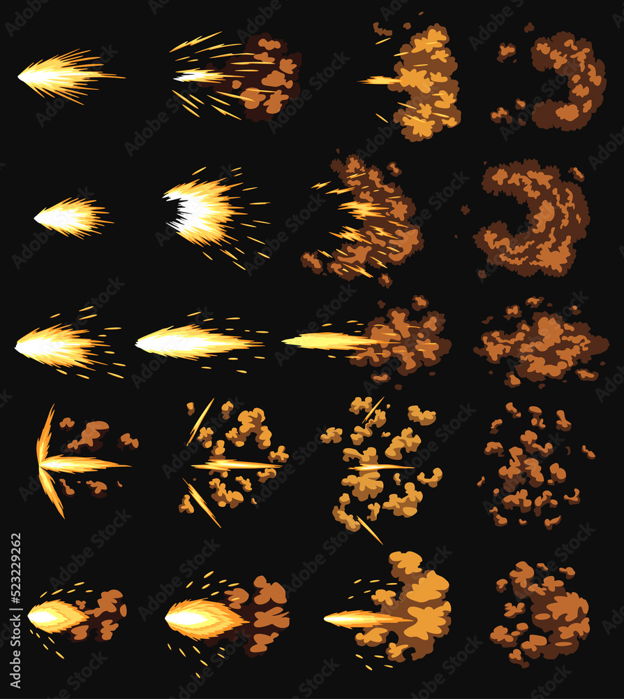 Gun flashes or gunshot animation. Collection of fire explosion effect