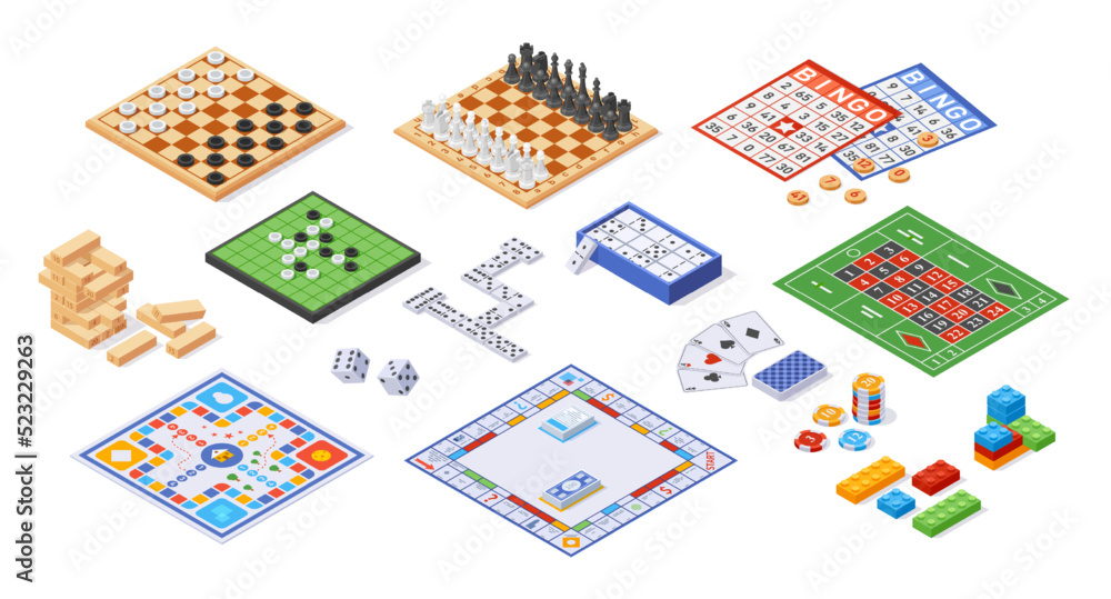 Board game collection. Cartoon funny strategy miniature games for family leisure and recreation, lotto bingo and dice table gaming. Vector isolated set